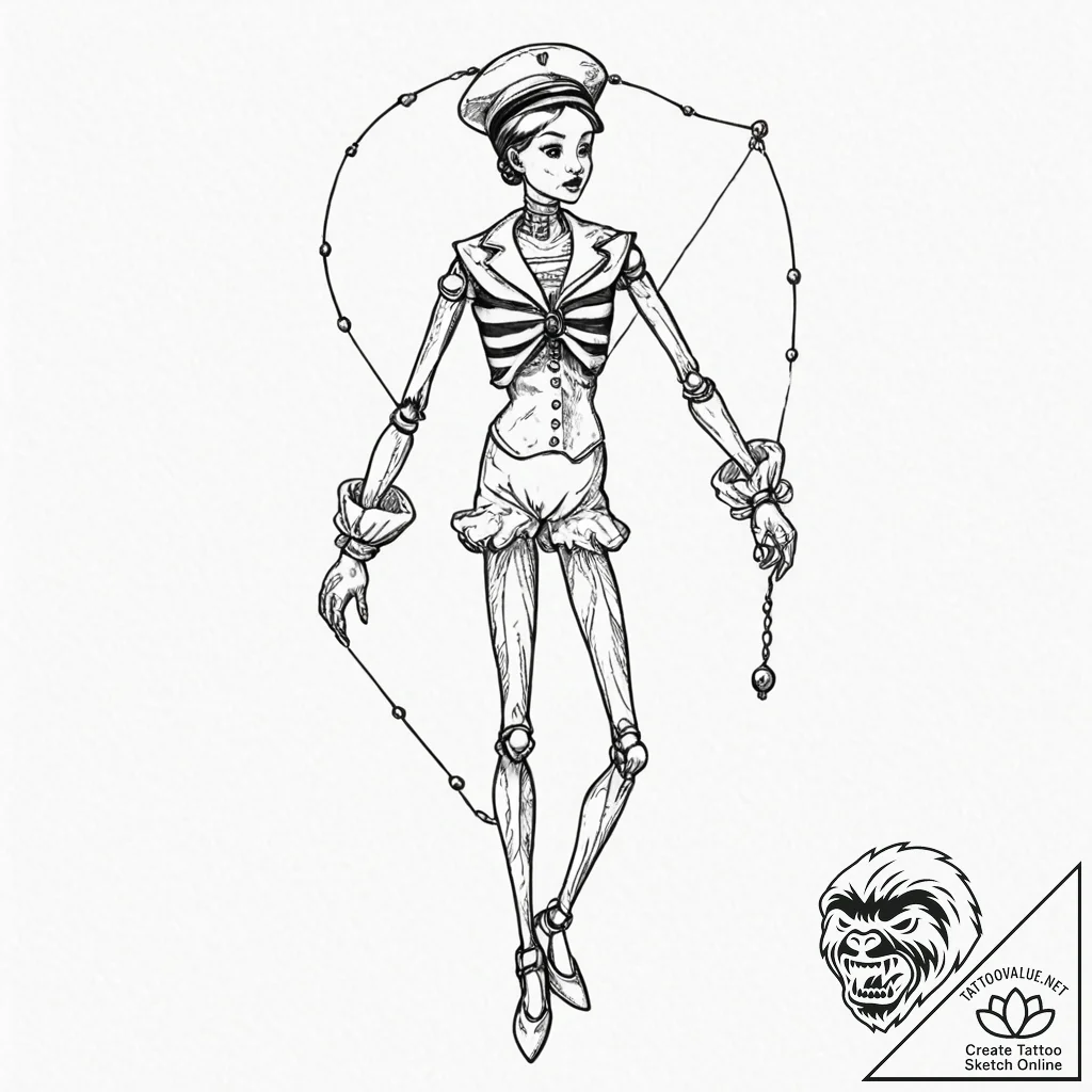 Marionette with cut strings, artistic tattoo... - tattoo sketch (№1751708913_0, 05.07.2025 09:48) — tattoovalue.net