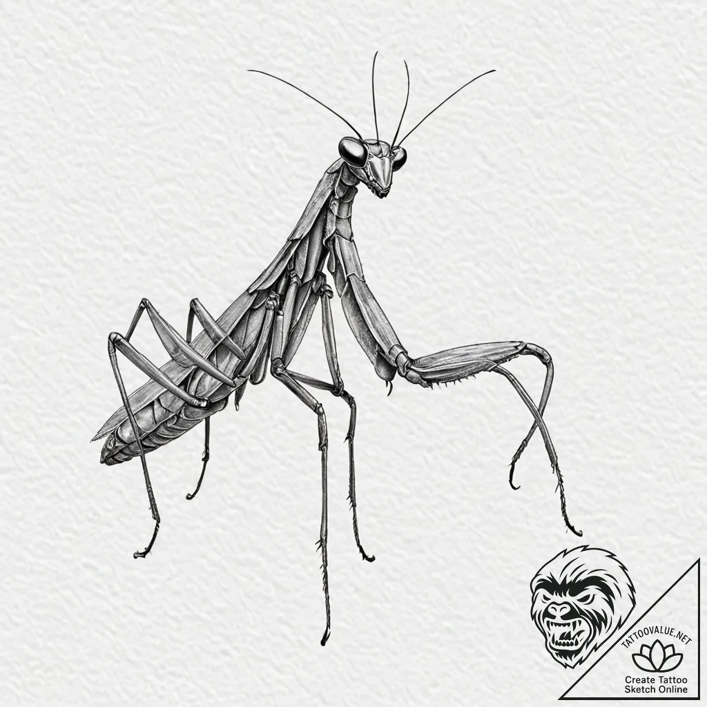Praying mantis, artistic tattoo sketch, reali... - tattoo sketch (№1751709711_0, 05.07.2025 10:01) — tattoovalue.net