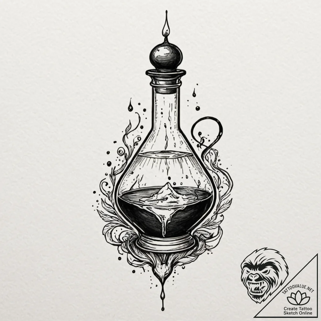 Potion bottle with glowing liquid, tattoo dra... - tattoo sketch (№1751709971_0, 05.07.2025 10:06) — tattoovalue.net