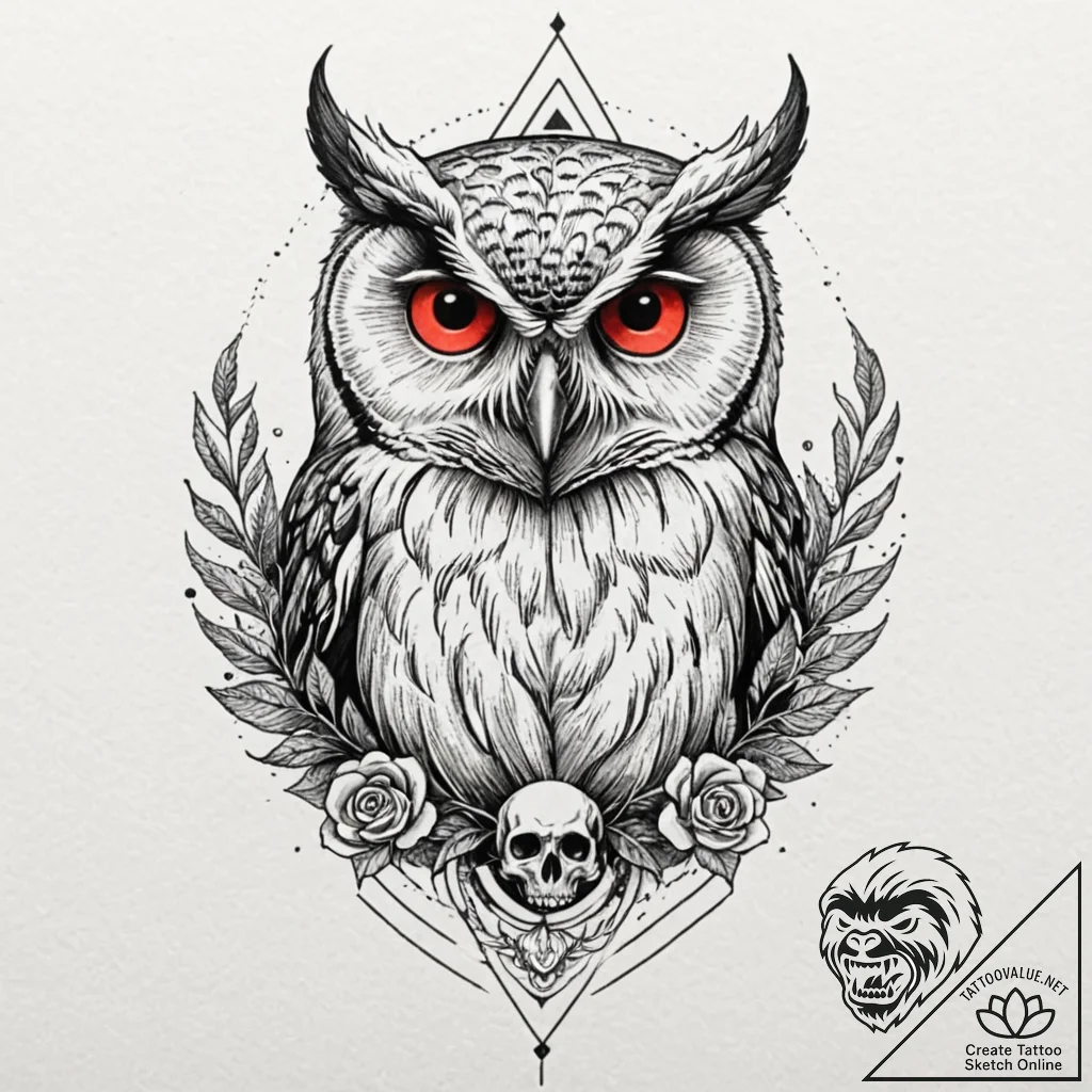 Owl with skull, ink illustration for tattoo,... - tattoo sketch (№1751711422_0, 05.07.2025 10:30) — tattoovalue.net