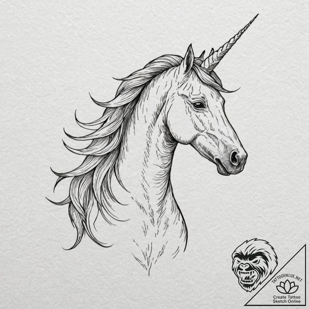 A linework tattoo of a unicorn, in a medieval... - tattoo sketch (№1751713389_0, 05.07.2025 11:03) — tattoovalue.net