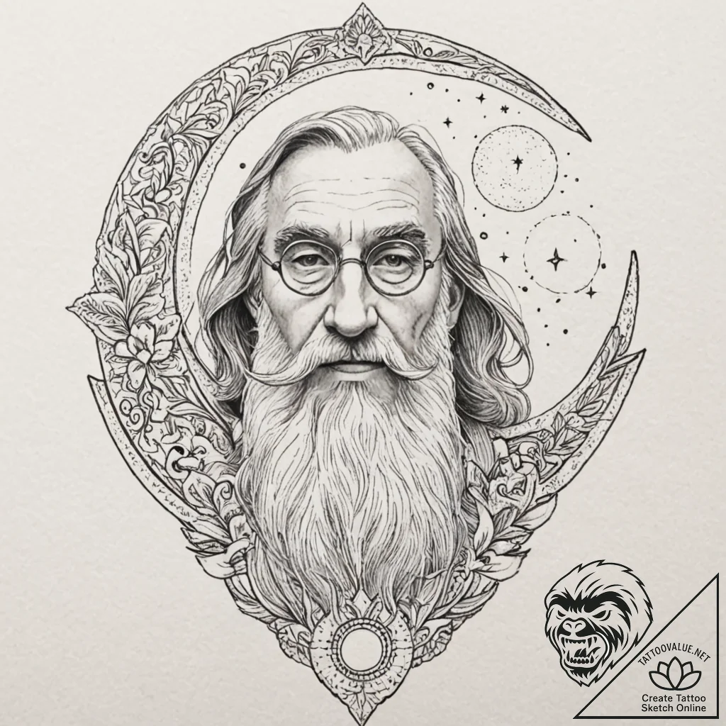 A sketch of professor dumbledore, with his ha... - tattoo sketch (№1751715353_0, 05.07.2025 11:35) — tattoovalue.net