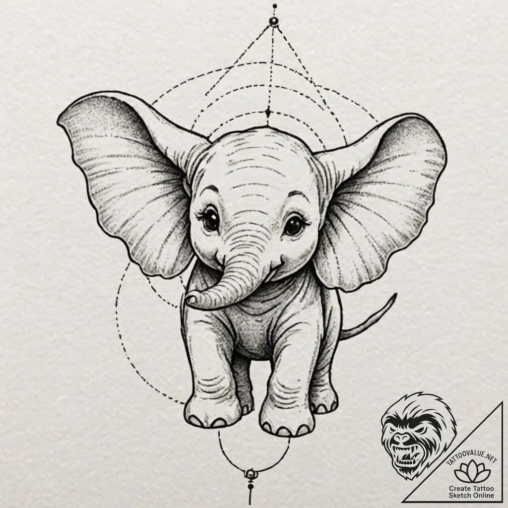 A linework tattoo of dumbo, the elephant, fly... - tattoo sketch (№1751716293_0, 05.07.2025 11:51) — tattoovalue.net