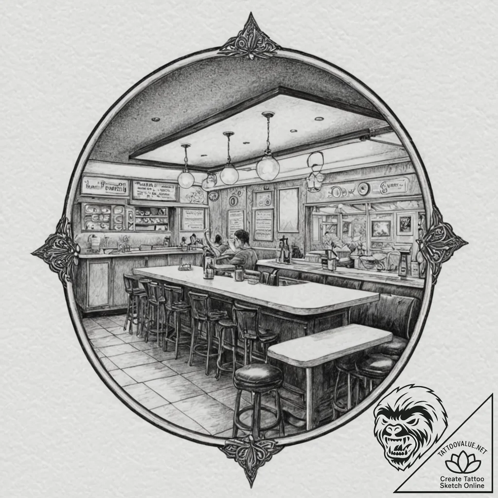 A sketch of the diner scene from moonlight,,... - tattoo sketch (№1751719512_0, 05.07.2025 12:45) — tattoovalue.net