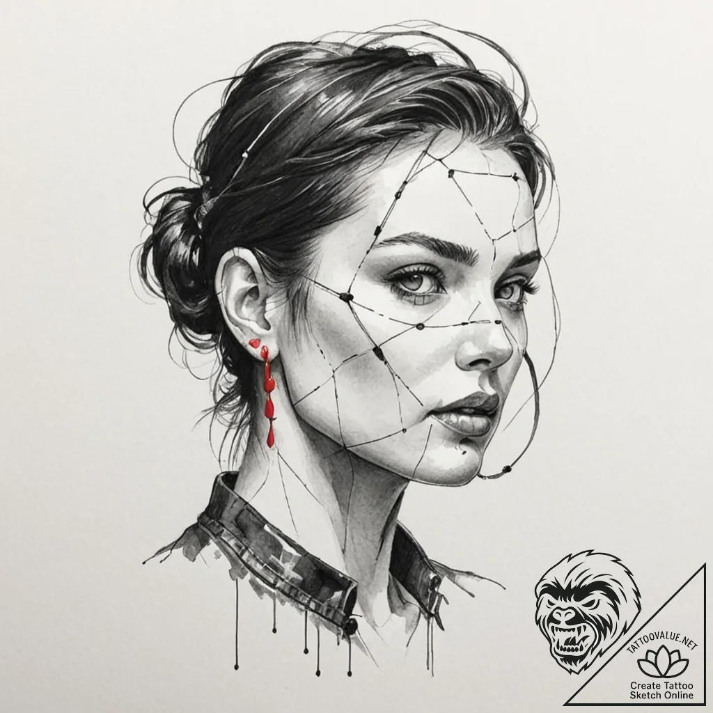 Trash polka style face of a replicant, half f... - tattoo sketch (№1751719819_0, 05.07.2025 12:50) — tattoovalue.net