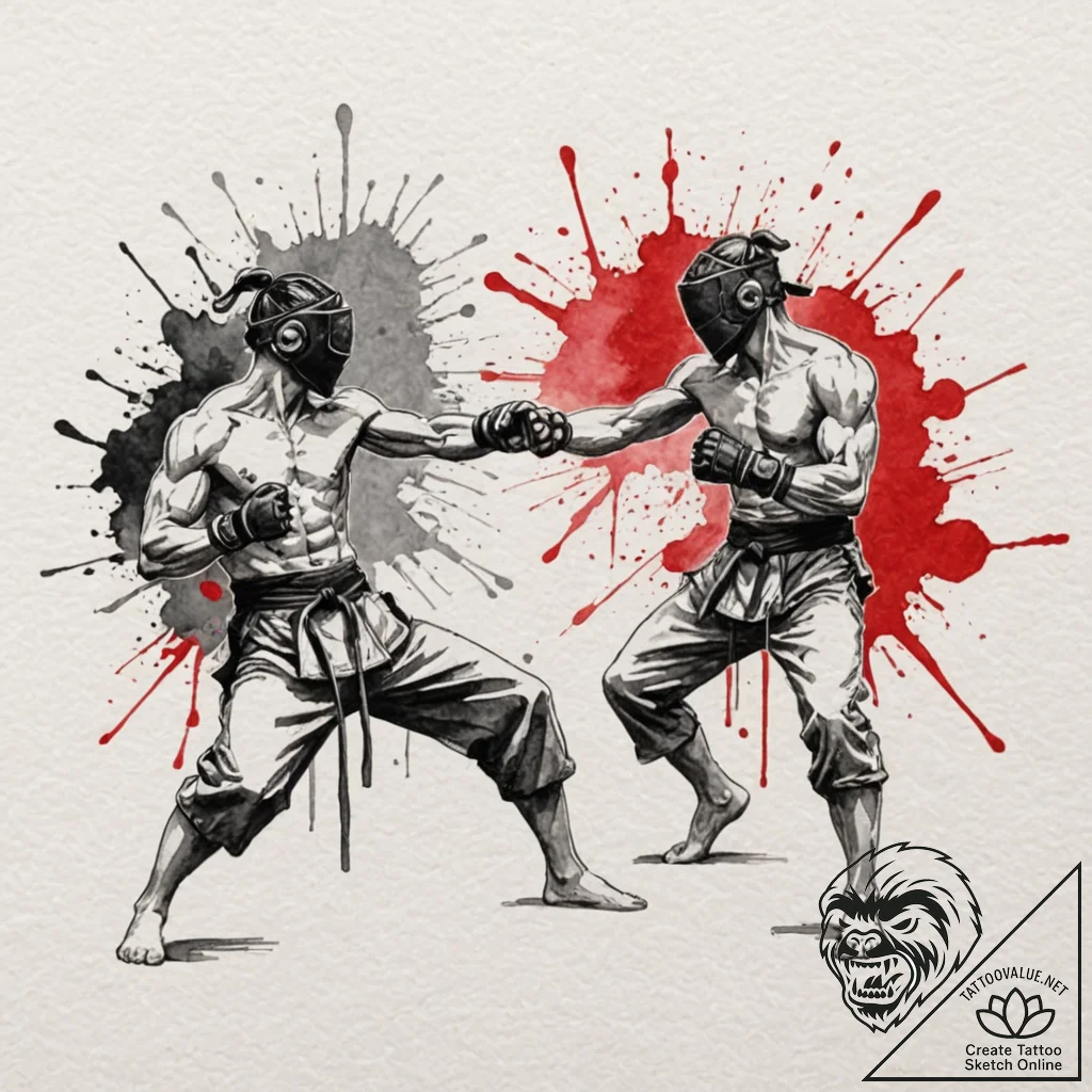 A linework tattoo of two figures sparring in... - tattoo sketch (№1751720051_0, 05.07.2025 12:54) — tattoovalue.net