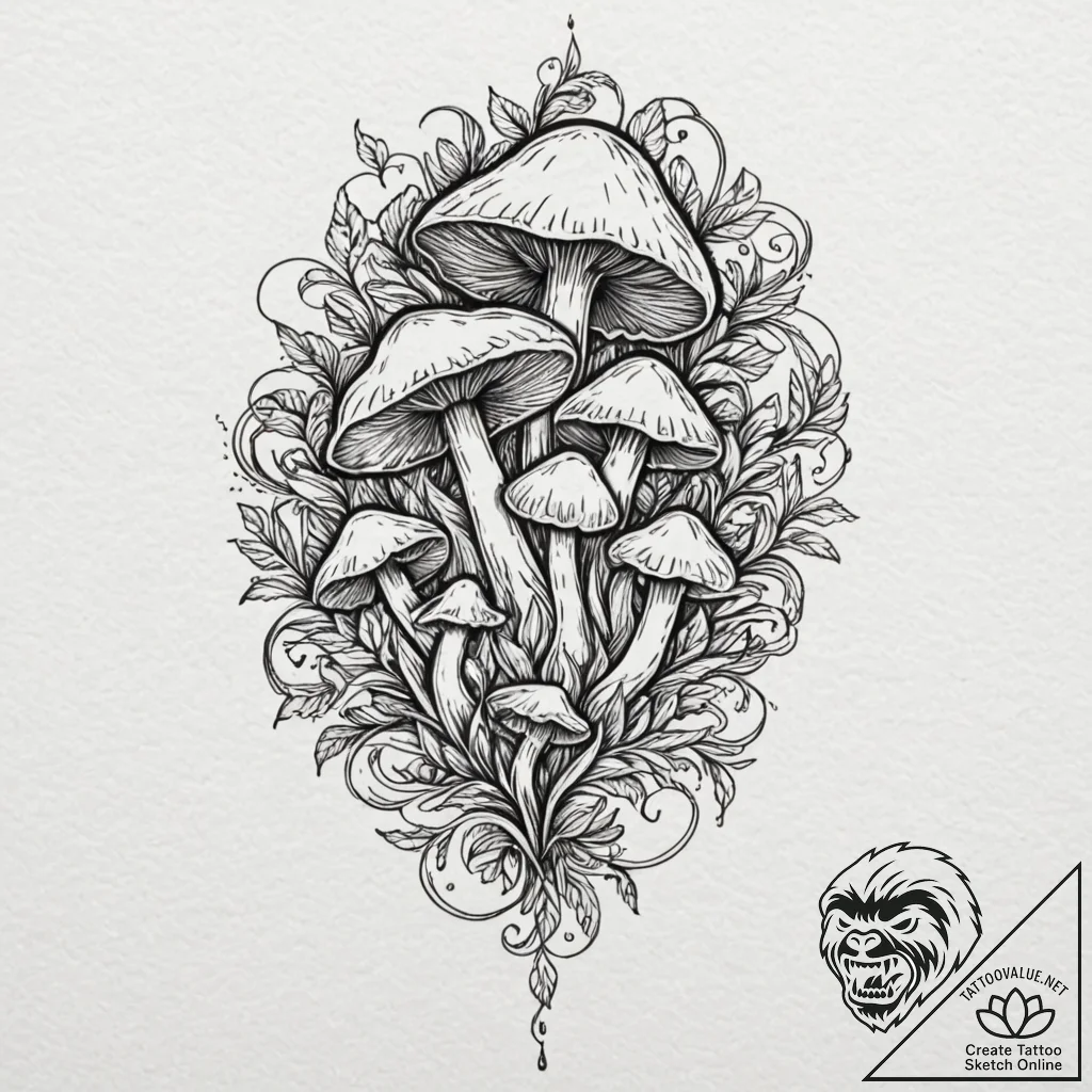 Mushrooms, tattoo flash sheet design, minimal... - tattoo sketch (№1751721320_0, 05.07.2025 13:15) — tattoovalue.net