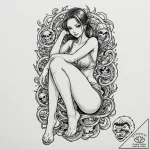 Tattoo design for a leg, a “wanted” poster fr… – tattoo sketch (№1751723120_0, 05.07.2025 13:45) — tattoovalue.net
