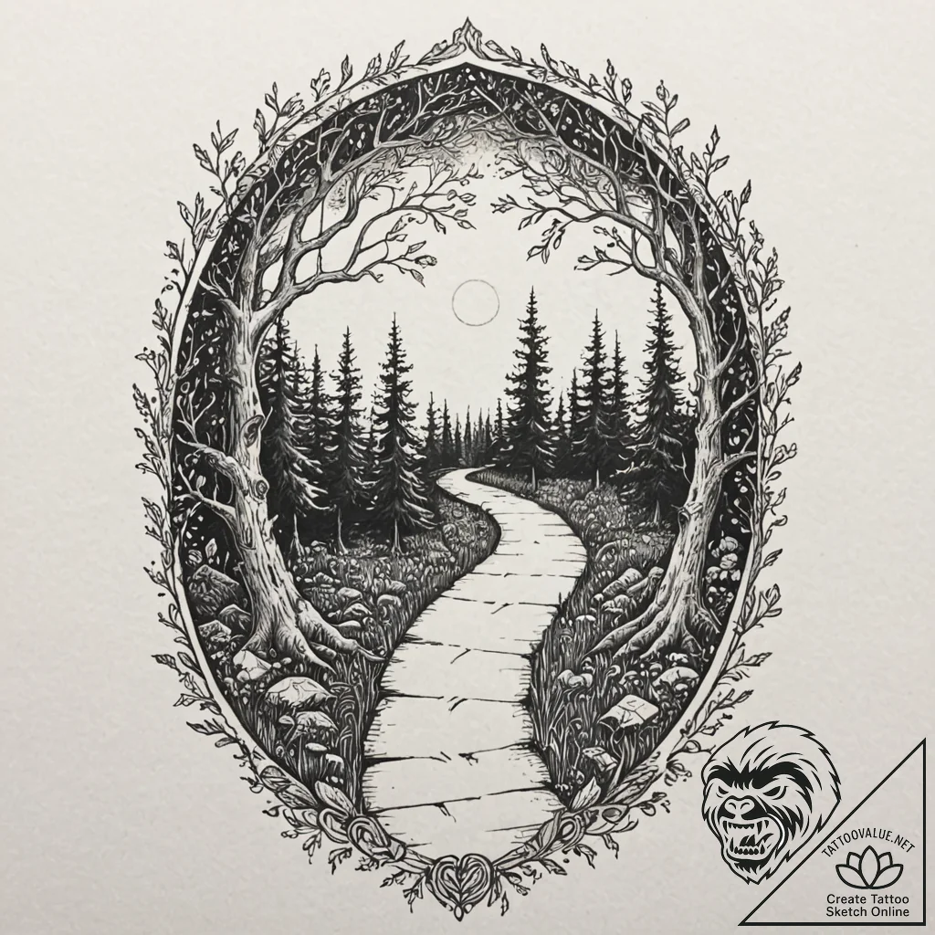Tattoo design for shoulder, a winding path le... - tattoo sketch (№1751723549_0, 05.07.2025 13:52) — tattoovalue.net