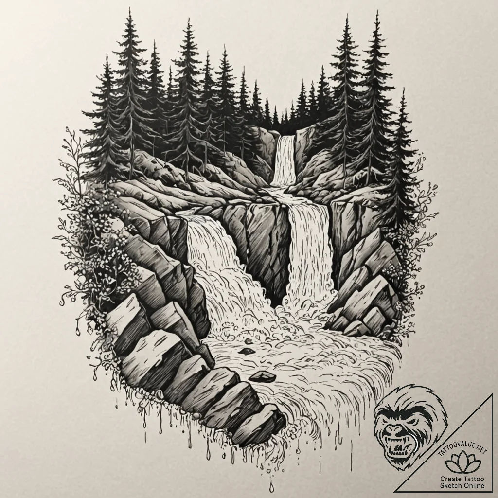 Tattoo design for a leg, a waterfall, origina... - tattoo sketch (№1751732418_0, 05.07.2025 16:20) — tattoovalue.net