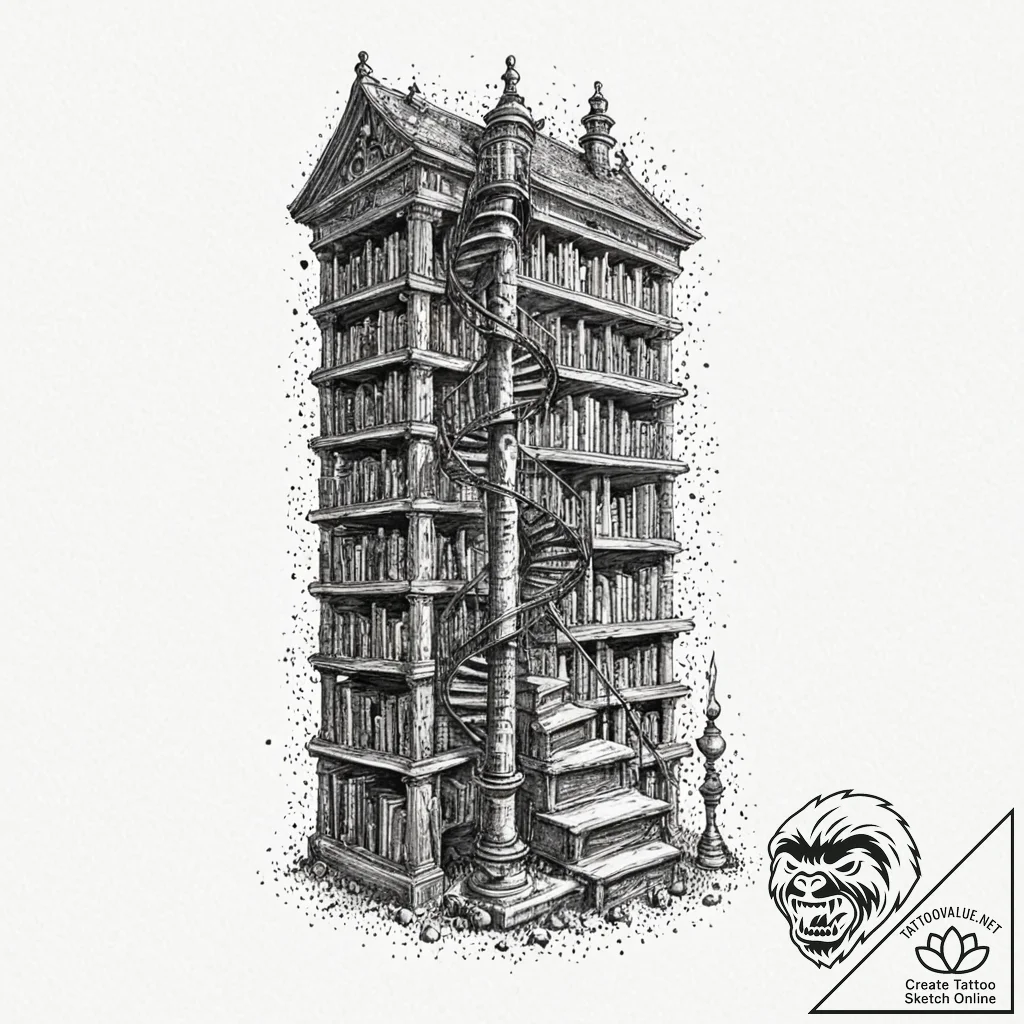 Tattoo design for a leg wrap, a great library... - tattoo sketch (№1751735305_0, 05.07.2025 17:08) — tattoovalue.net