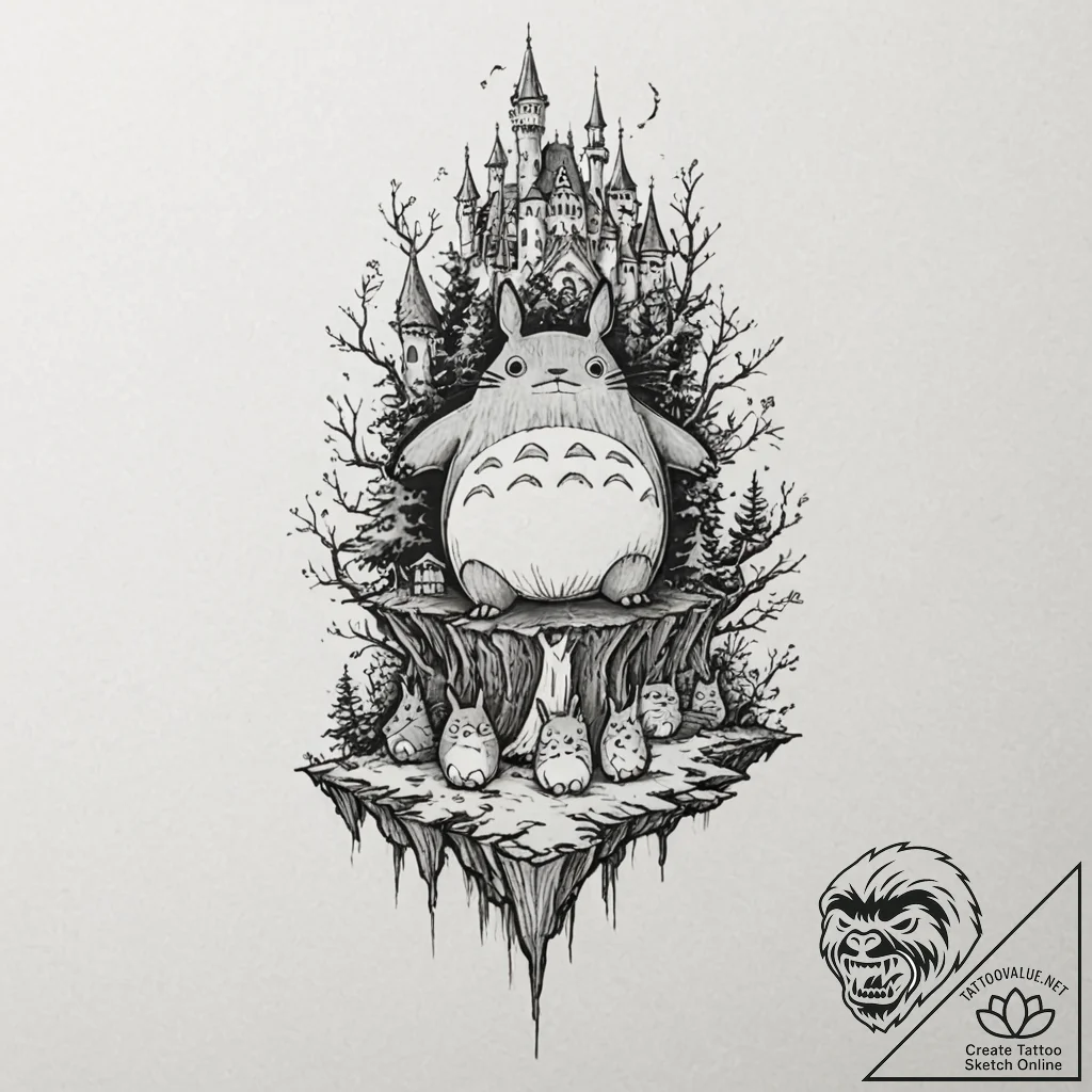 Tattoo design for a leg, a ghibli-themed slee... - tattoo sketch (№1751736816_0, 05.07.2025 17:33) — tattoovalue.net