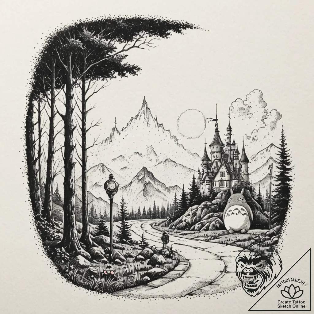 Tattoo design for a thigh, a scene from a fav... - tattoo sketch (№1751736903_0, 05.07.2025 17:35) — tattoovalue.net