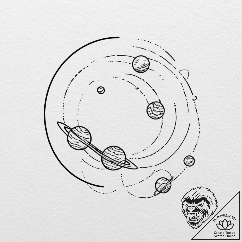 Tattoo design for a shin, a row of planets fr... - tattoo sketch (№1751740680_0, 05.07.2025 18:38) — tattoovalue.net