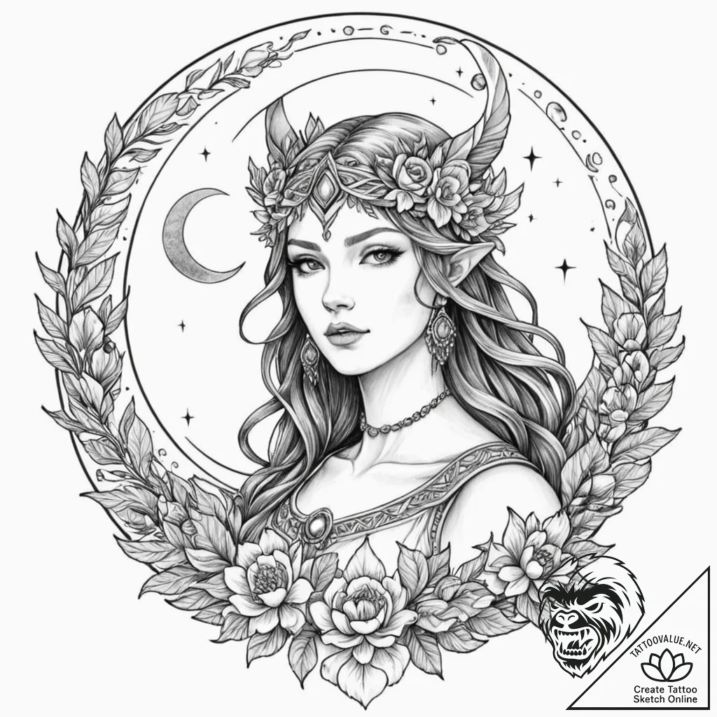 Tattoo design for a thigh, a stunningly detai... - tattoo sketch (№1751741366_0, 05.07.2025 18:49) — tattoovalue.net