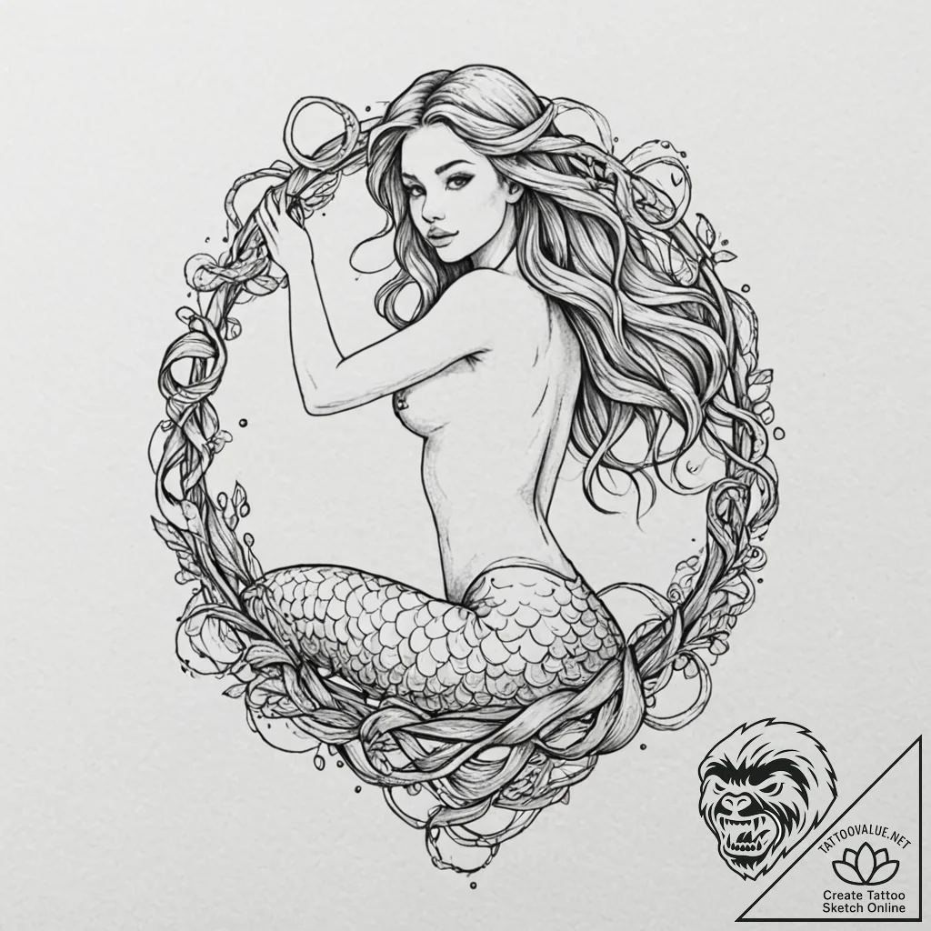 Tattoo design for an arm, a beautiful mermaid... - tattoo sketch (№1751745400_0, 05.07.2025 19:56) — tattoovalue.net