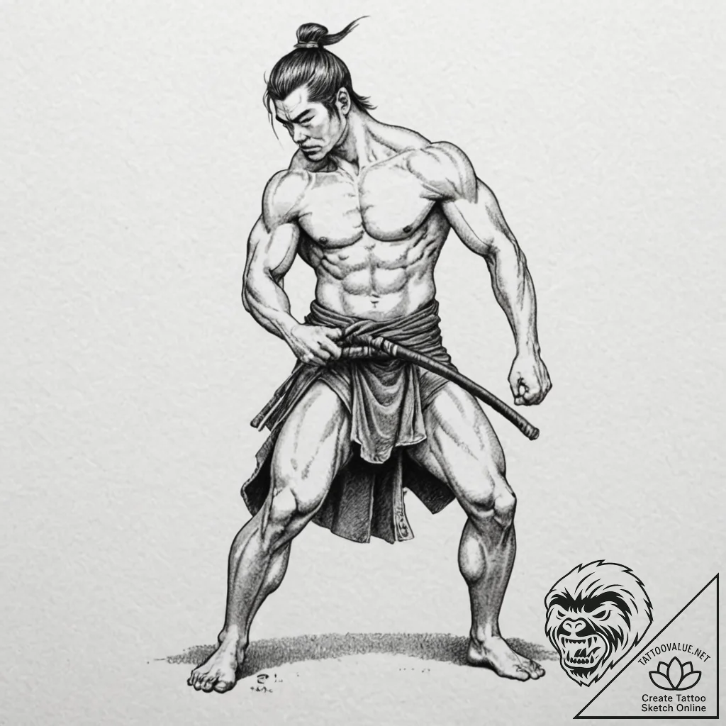 Tattoo design for a calf, a japanese warrior... - tattoo sketch (№1751747763_0, 05.07.2025 20:36) — tattoovalue.net
