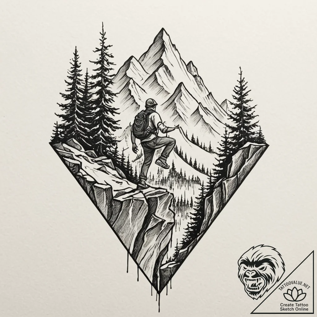Tattoo design for a leg, a mountain climber s... - tattoo sketch (№1751747932_0, 05.07.2025 20:38) — tattoovalue.net