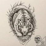 Tattoo design for a thigh, a tiger’s face, em… – tattoo sketch (№1751749030_0, 05.07.2025 20:57) — tattoovalue.net