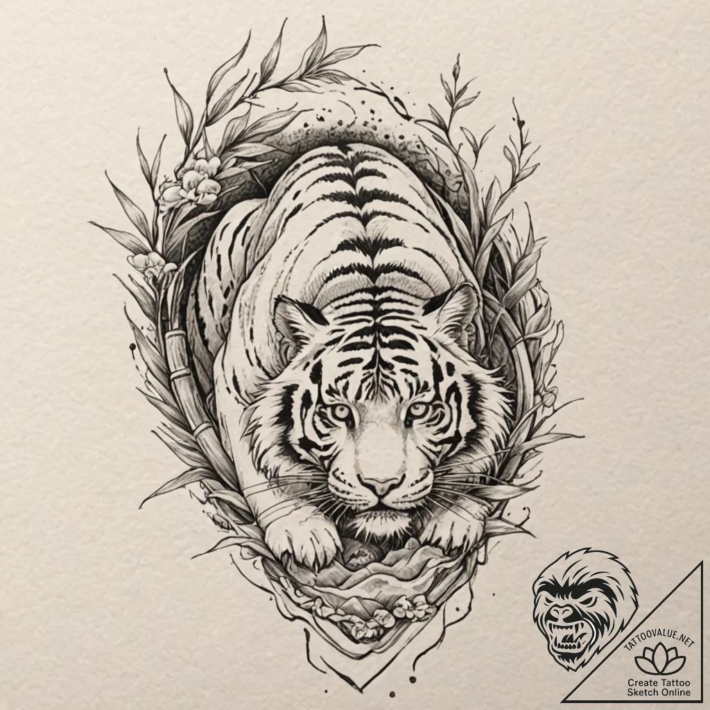 Tattoo design for a thigh, a tiger's face, em... - tattoo sketch (№1751749030_0, 05.07.2025 20:57) — tattoovalue.net