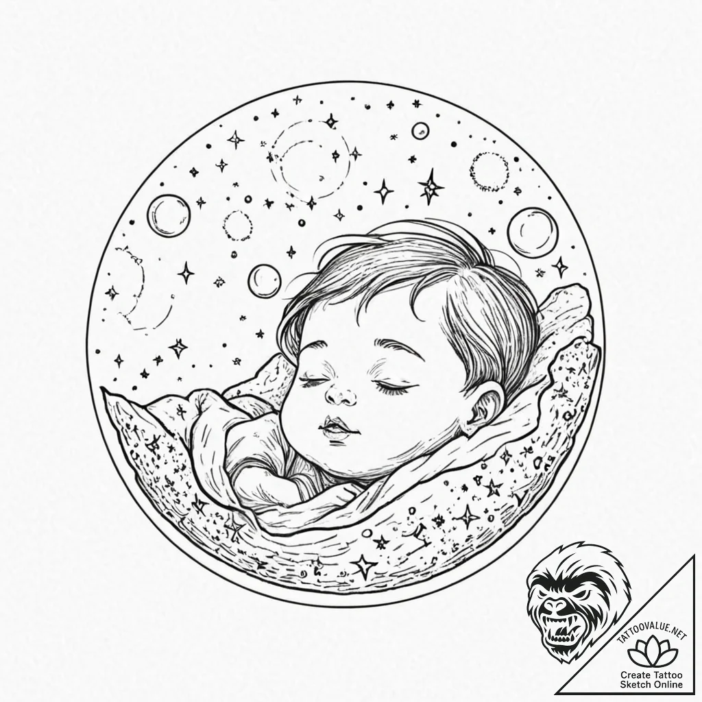 Tattoo design for shoulder, a sleeping baby's... - tattoo sketch (№1751752163_0, 05.07.2025 21:49) — tattoovalue.net