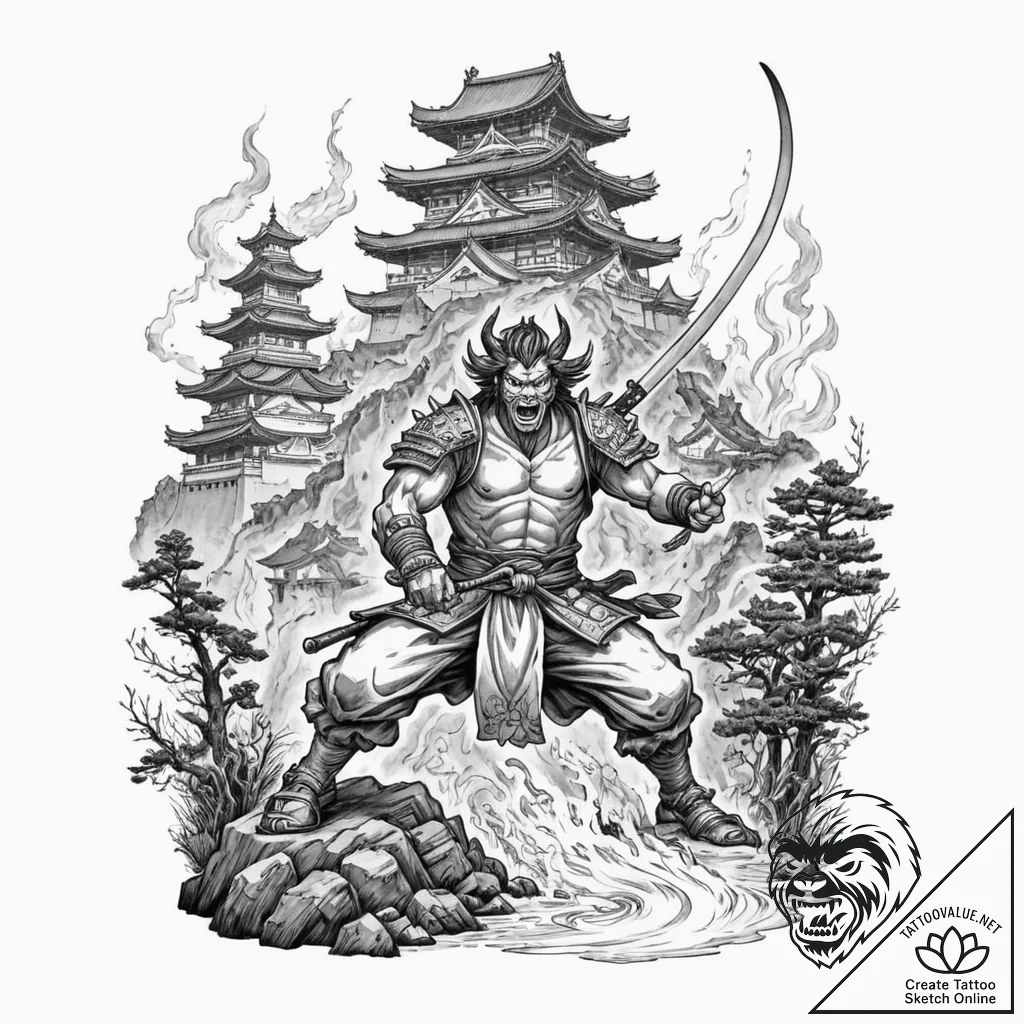 Tattoo design for a thigh, an epic battle sce... - tattoo sketch (№1751757661_0, 05.07.2025 23:21) — tattoovalue.net