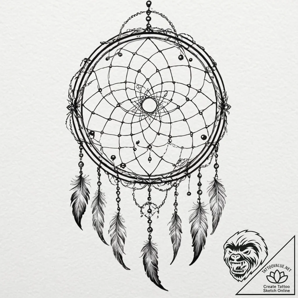 Tattoo design for a thigh, a large dreamcatch... - tattoo sketch (№1751758764_0, 05.07.2025 23:39) — tattoovalue.net