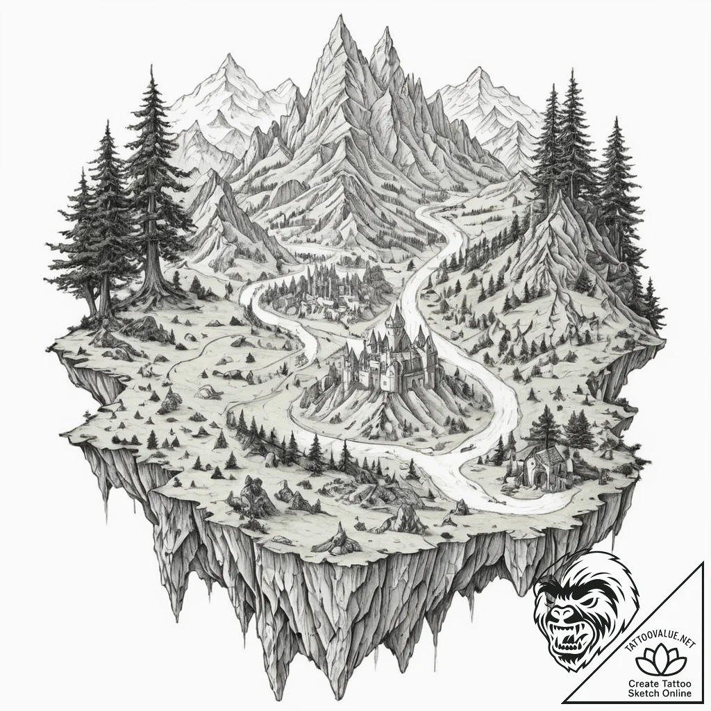 Tattoo design for a thigh, a detailed map of... - tattoo sketch (№1751761468_0, 06.07.2025 00:24) — tattoovalue.net