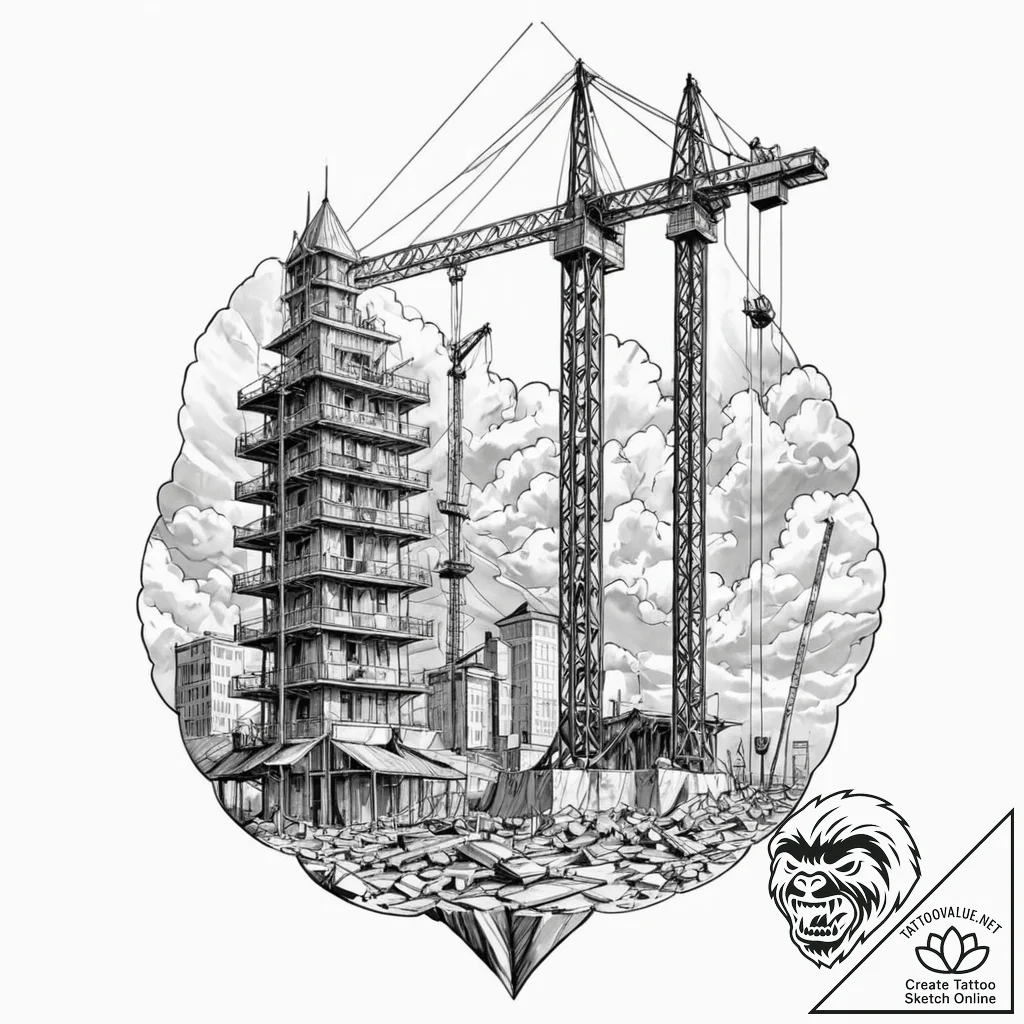 Tattoo design for a leg, a skyscraper under c... - tattoo sketch (№1751763575_0, 06.07.2025 00:59) — tattoovalue.net