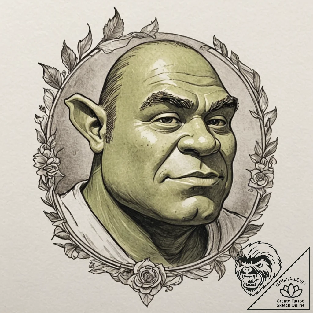 Tattoo design for an arm, a portrait of shrek... - tattoo sketch (№1751766128_0, 06.07.2025 01:42) — tattoovalue.net