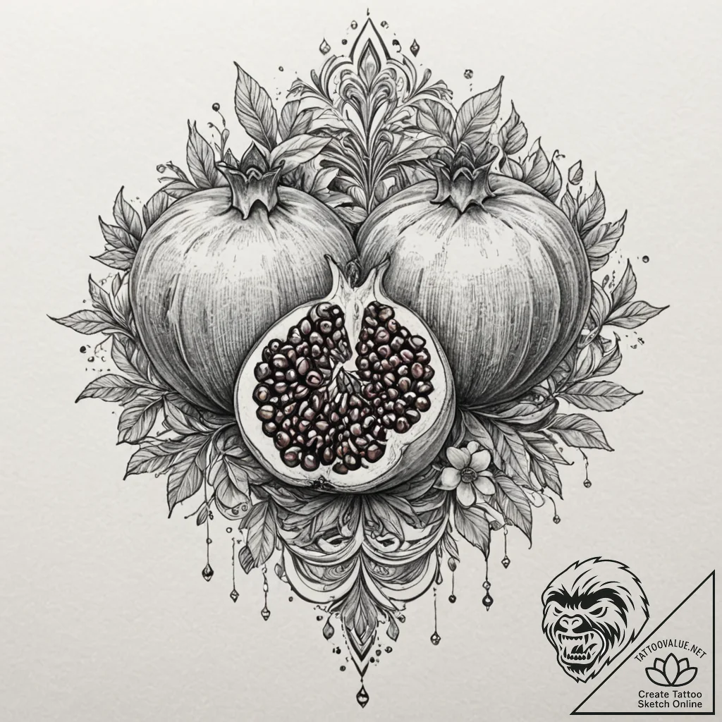 Tattoo design for an arm, a pomegranate, spli... - tattoo sketch (№1751767997_0, 06.07.2025 02:13) — tattoovalue.net