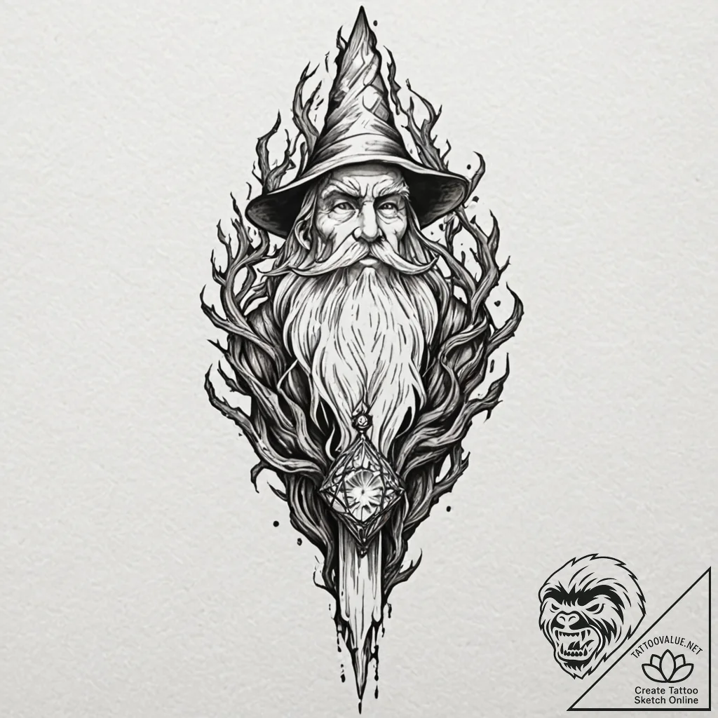 Tattoo design for a shin, a wizard's staff, m... - tattoo sketch (№1751768090_0, 06.07.2025 02:14) — tattoovalue.net