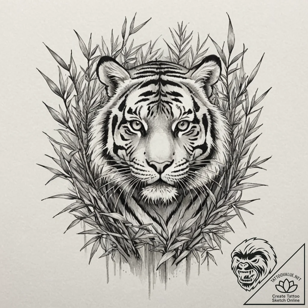 Tattoo design for a thigh, a tiger's face, em... - tattoo sketch (№1751768596_0, 06.07.2025 02:23) — tattoovalue.net