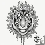 Tattoo design for a thigh, a tiger’s face, em… – tattoo sketch (№1751768850_0, 06.07.2025 02:27) — tattoovalue.net