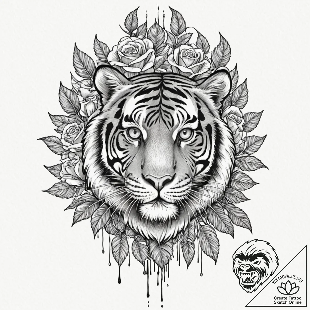 Tattoo design for a thigh, a tiger's face, em... - tattoo sketch (№1751768850_0, 06.07.2025 02:27) — tattoovalue.net