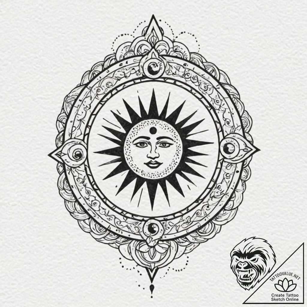 Tattoo design for shoulder, a black sun symbo... - tattoo sketch (№1751770373_0, 06.07.2025 02:52) — tattoovalue.net