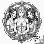 Tattoo design for an arm, the three fates, bu… – tattoo sketch (№1751774091_0, 06.07.2025 03:54) — tattoovalue.net