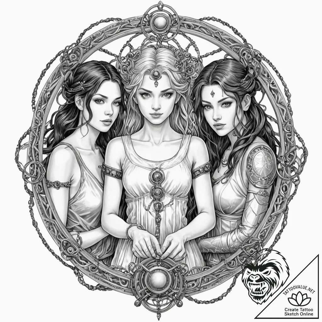 Tattoo design for an arm, the three fates, bu... - tattoo sketch (№1751774091_0, 06.07.2025 03:54) — tattoovalue.net