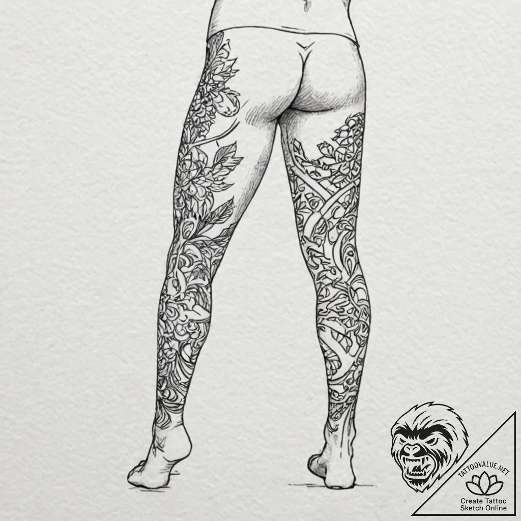 Tattoo design for a leg, a full leg of charac... - tattoo sketch (№1751774344_0, 06.07.2025 03:59) — tattoovalue.net