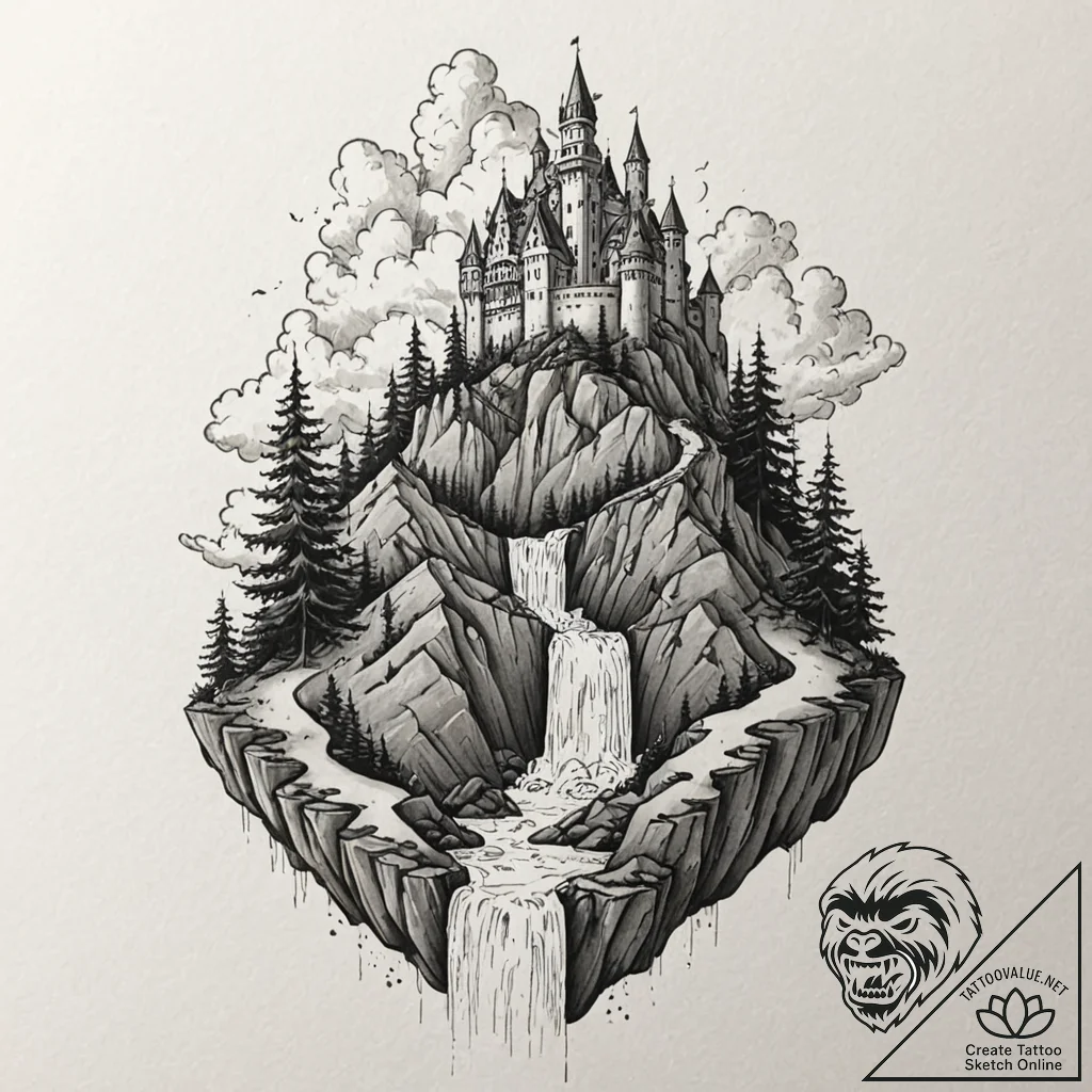 Tattoo design for shoulder, a majestic castle... - tattoo sketch (№1751775787_0, 06.07.2025 04:23) — tattoovalue.net