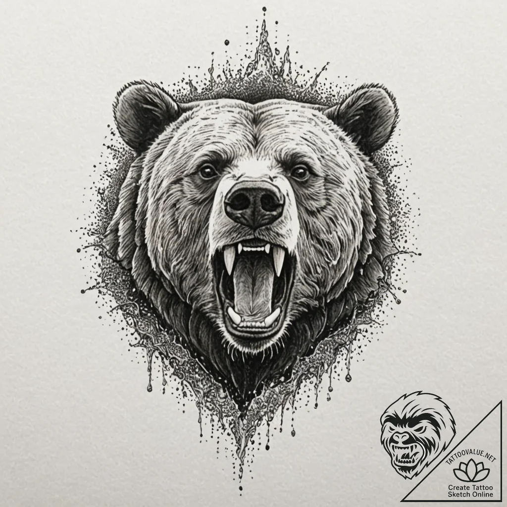 Tattoo design for a calf, a roaring grizzly b... - tattoo sketch (№1751777921_0, 06.07.2025 04:58) — tattoovalue.net