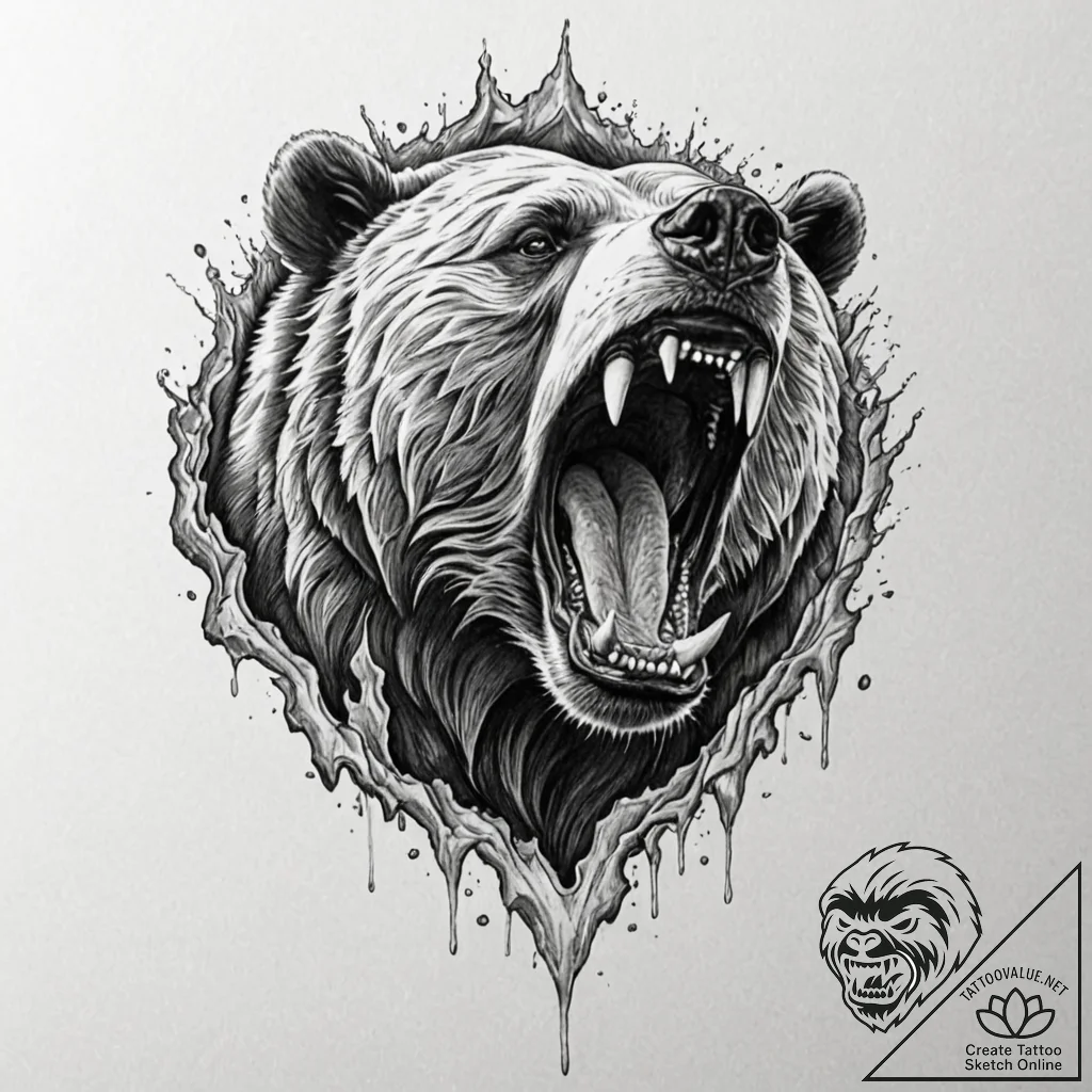 Tattoo design for a calf, a roaring grizzly b... - tattoo sketch (№1751778768_0, 06.07.2025 05:12) — tattoovalue.net