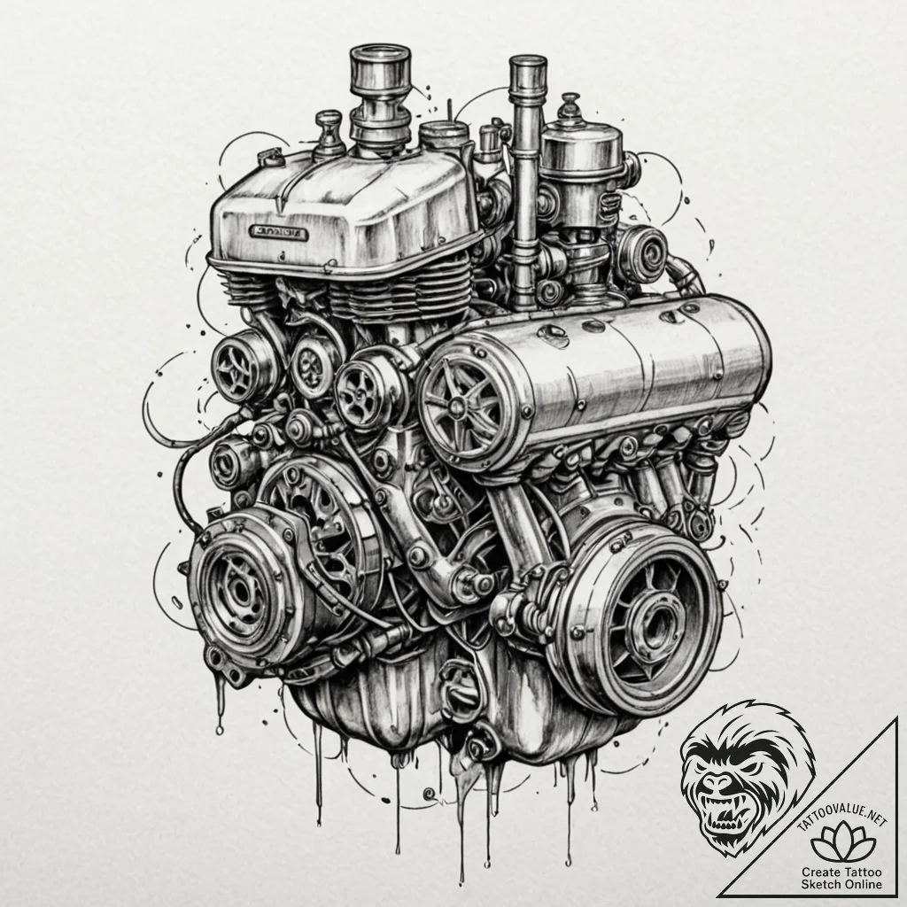 Tattoo design for a calf, an engine block, wi... - tattoo sketch (№1751784843_0, 06.07.2025 06:54) — tattoovalue.net