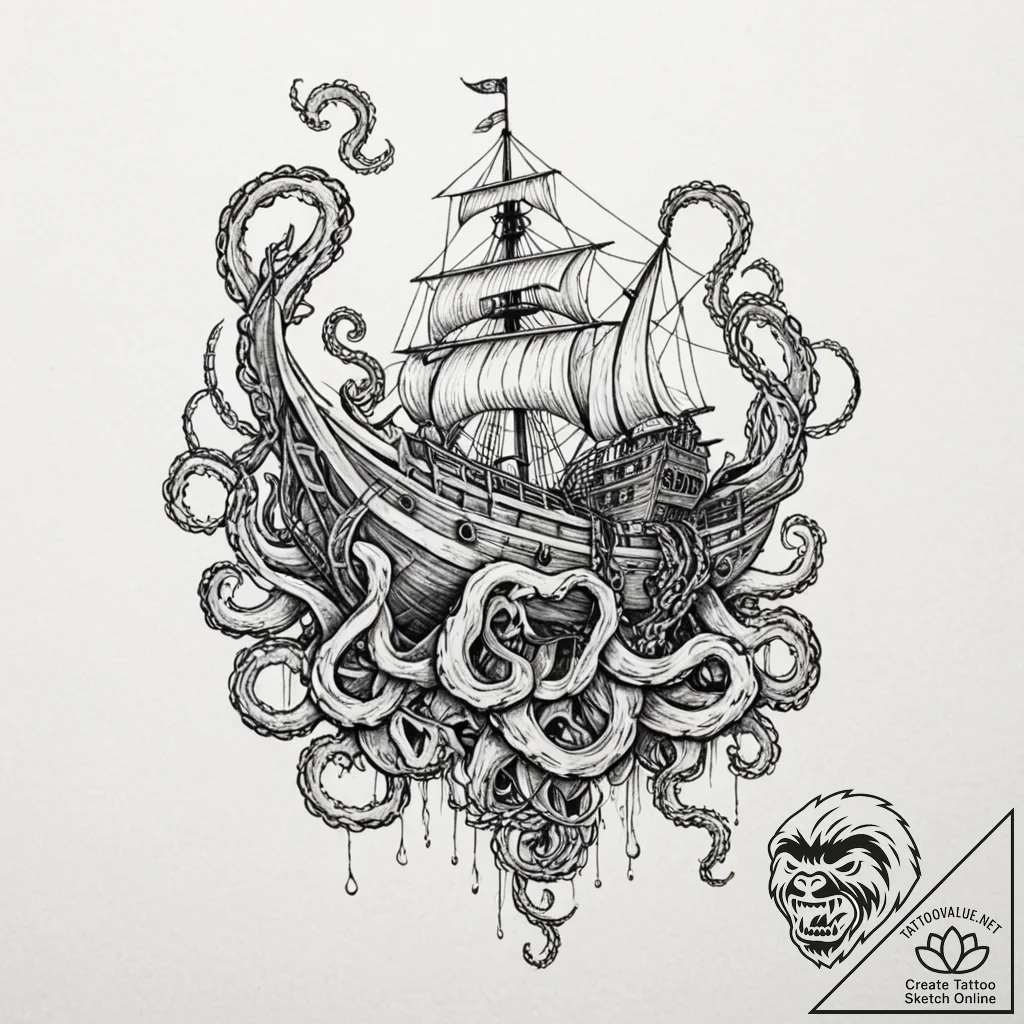 Tattoo design for a thigh, a large kraken, it... - tattoo sketch (№1751787712_0, 06.07.2025 07:41) — tattoovalue.net