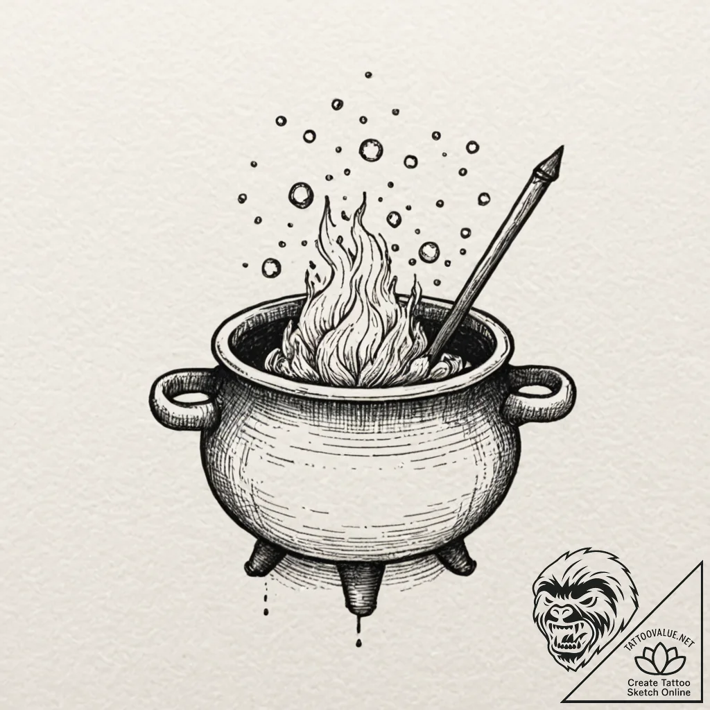 Tiny tattoo design, a tiny cauldron, with a f... - tattoo sketch (№1751788050_0, 06.07.2025 07:47) — tattoovalue.net