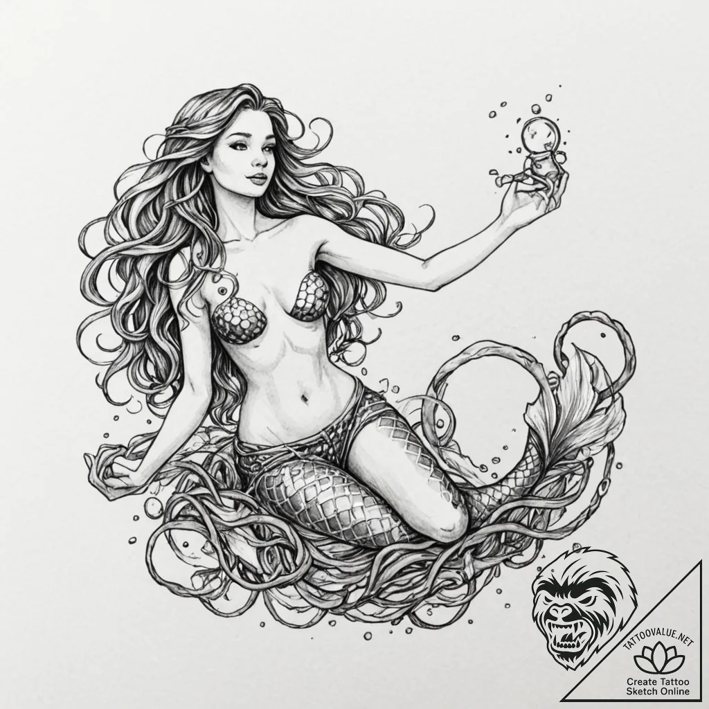 Tattoo design for an arm, a beautiful mermaid... - tattoo sketch (№1751788978_0, 06.07.2025 08:02) — tattoovalue.net