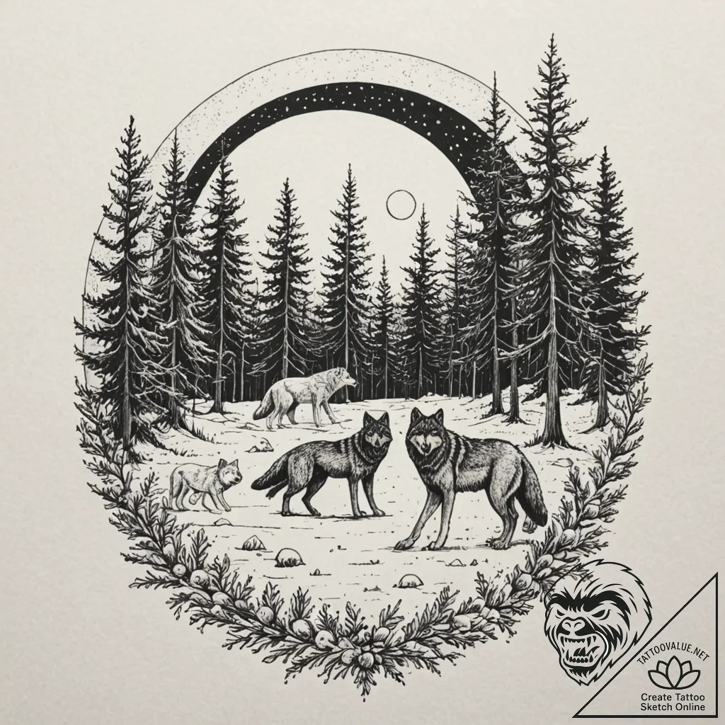 Tattoo design for a thigh, a wolf pack huntin... - tattoo sketch (№1751789894_0, 06.07.2025 08:18) — tattoovalue.net