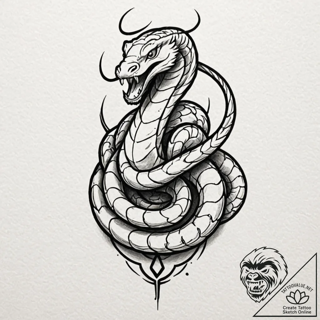 Tattoo design for a calf, a striking cobra, h... - tattoo sketch (№1751790211_0, 06.07.2025 08:23) — tattoovalue.net