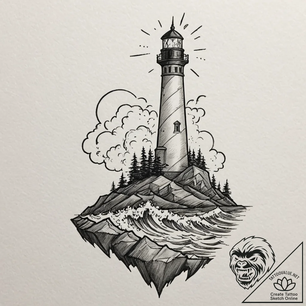 Tattoo design for shoulder, a lonely lighthou... - tattoo sketch (№1751791661_0, 06.07.2025 08:47) — tattoovalue.net