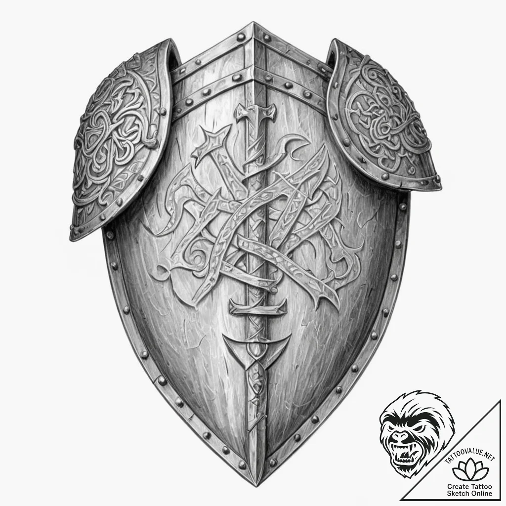 Tattoo design for shoulder, a rugged, battle-... - tattoo sketch (№1751792587_0, 06.07.2025 09:03) — tattoovalue.net